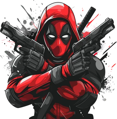 Hình minh họa Deadpool trong trang phục đỏ đen, đội mũ trùm, cầm hai khẩu súng lục với katana sau lưng, nền xám splatter.