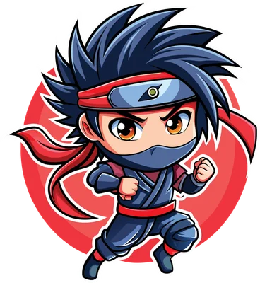 Hình ảnh nhẫn giả chibi Nhật Bản với trang phục xanh đen, băng đô đỏ, mặt nạ và biểu cảm chiến đấu.