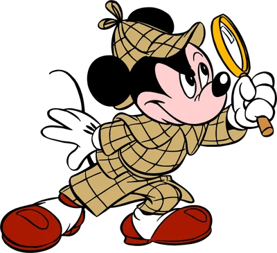 Hình ảnh chuột Mickey trong trang phục thám tử, đội mũ và áo khoác kẻ caro, cầm kính lúp tìm kiếm.