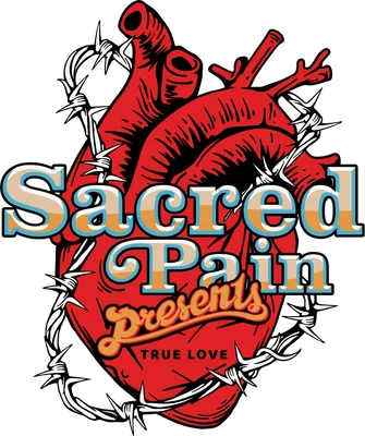 Hình minh họa trái tim giải phẫu màu đỏ quấn dây thép gai, với chữ 'Sacred Pain Presents TRUE LOVE'.
