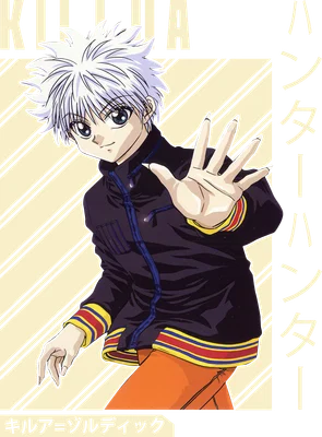 Hình vẽ anime Killua Zoldyck từ Hunter x Hunter, tóc bạc, mặc áo khoác đen, quần cam, giơ tay ra trước.