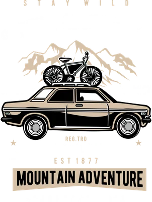 Hình minh họa phong cách retro: xe ô tô cổ điển với xe đạp trên mái, núi cao phía sau, text 'Genuine Adventurer' và 'Mountain Adventure'