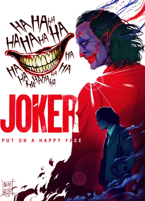 Hình ảnh minh họa nhân vật Joker với nụ cười rộng và dòng chữ "JOKER" cùng slogan "PUT ON A HAPPY FACE".