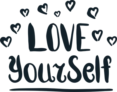 Hình ảnh chữ "Love Yourself" viết tay với nhiều trái tim nhỏ xung quanh, màu xanh đen trên nền xám.