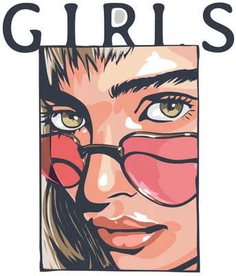 Hình minh họa cận cảnh khuôn mặt cô gái đeo kính râm hồng, tóc vàng, phong cách pop art với chữ GIRLS phía trên.