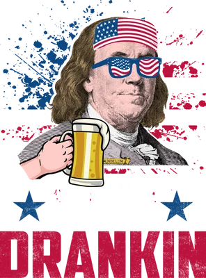 Hình ảnh Benjamin Franklin đeo kính râm cờ Mỹ, đội băng đô, cầm ly bia với dòng chữ Ben Drankin