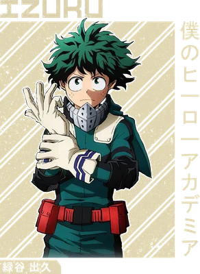Hình ảnh nhân vật anime Izuku Midoriya với mái tóc xanh, đeo mặt nạ và găng tay trắng, trang phục xanh lá cây.