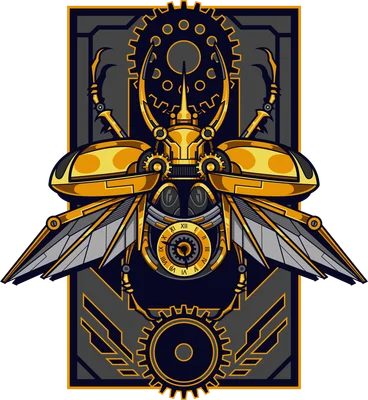 Hình ảnh minh họa bọ cánh cứng cơ khí màu vàng với các chi tiết bánh răng, cánh máy móc, mang phong cách steampunk.