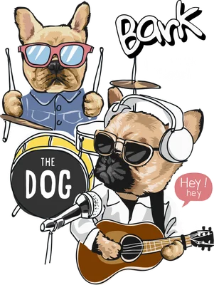 Hai chú chó Bulldog đeo kính râm chơi trống và guitar phong cách hoạt hình vui nhộn