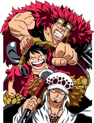 Ba nhân vật anime Luffy, Kid và Law từ One Piece với biểu cảm mạnh mẽ, sẵn sàng chiến đấu.