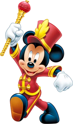 Mickey Mouse mặc đồng phục ban nhạc màu đỏ và vàng, đội mũ có lông vũ, cầm gậy chỉ huy, đang bước đi vui vẻ trên nền xám.