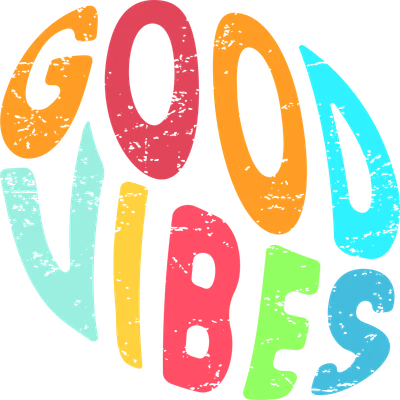 Chữ 'Good Vibes' được thiết kế theo phong cách nghệ thuật, với các chữ cái có màu sắc rực rỡ và hiệu ứng sờn cũ.