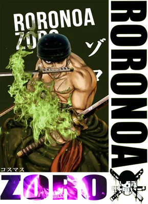 Hình ảnh Roronoa Zoro từ One Piece, cầm kiếm và bao quanh bởi khói xanh lá, với chữ Roronoa Zoro và logo băng Mũ Rơm.