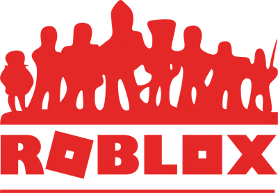 Logo Roblox màu đỏ với dàn nhân vật silhouette phía trên, nền xám.