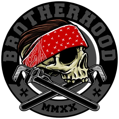 Hình ảnh đầu lâu đội khăn bandana đỏ, tóc nâu, hai cờ lê bắt chéo, chữ Brotherhood và MMXX trên nền tròn xám.