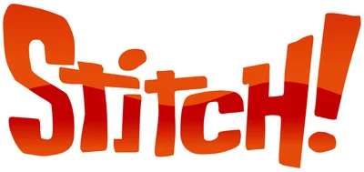 Chữ 'Stitch!' với hiệu ứng 3D, màu cam đỏ gradient, viền trắng nổi bật trên nền xám.