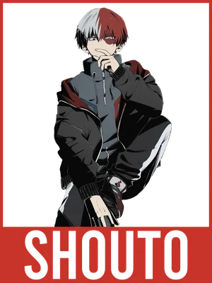 Nhân vật anime Shoto Todoroki với mái tóc hai màu, mặc áo khoác đen, ngồi tư thế cool ngầu.