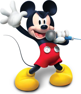Mickey Mouse hoạt hình 3D đang vui vẻ ca hát, một tay cầm micro, tay kia giơ lên, trên nền xám đơn sắc.