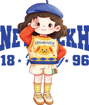 Hình vẽ cô bé hoạt hình đội mũ beret xanh, mặc áo len vàng có hình chó và chữ University, chân váy trắng, tất caro.
