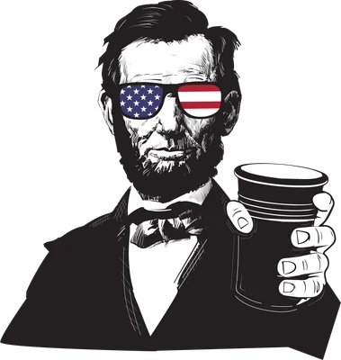 Hình vẽ Abraham Lincoln đeo kính râm in hình cờ Mỹ, tay cầm một chiếc ly.