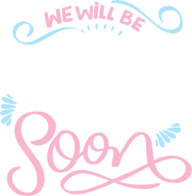 Hình in chữ 'WE WILL BE Together Soon' với font thư pháp màu hồng, xanh, trắng trên nền xám, trang trí hoa văn xoắn ốc.