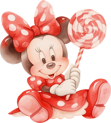 Hình ảnh Minnie Mouse hoạt hình đáng yêu mặc váy chấm bi đỏ, cầm kẹo mút xoắn ốc lớn màu đỏ trắng.