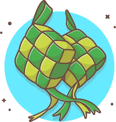 Hai chiếc bánh Ketupat màu xanh lá và vàng được vẽ theo phong cách hoạt hình, đặt trên nền xanh dương tròn.