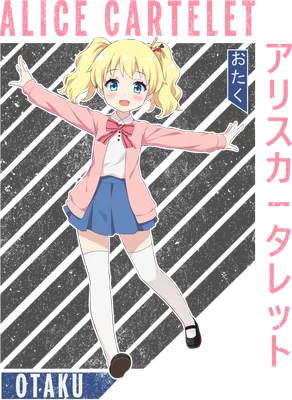 Hình ảnh cô gái anime tóc vàng buộc hai bím, mắt xanh, mặc áo khoác hồng, váy xanh, tất trắng.