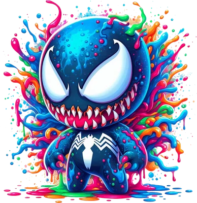 Hình ảnh Venom chibi màu đen xanh với mắt trắng, răng nhọn, bao quanh bởi các vệt sơn màu neon rực rỡ.