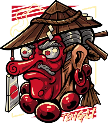 Hình minh họa mặt nạ Tengu Nhật Bản màu đỏ, mũi dài, đội nón lá, mắt to, có chữ Tengli.