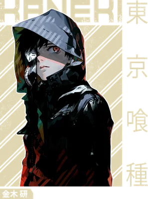 Hình ảnh Ken Kaneki trong Tokyo Ghoul, mặc áo hoodie đen, đeo mặt nạ, có mắt đỏ nổi bật.