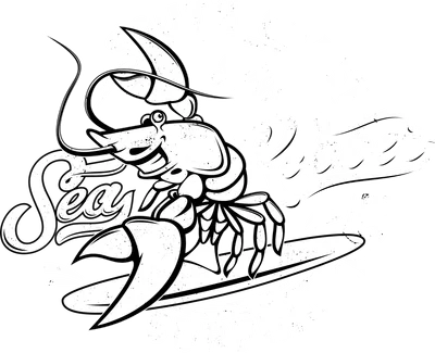 Hình ảnh tôm hùm hoạt hình trắng đen đang lướt sóng, với chữ 'South Coast Surfing Club' phong cách vintage.
