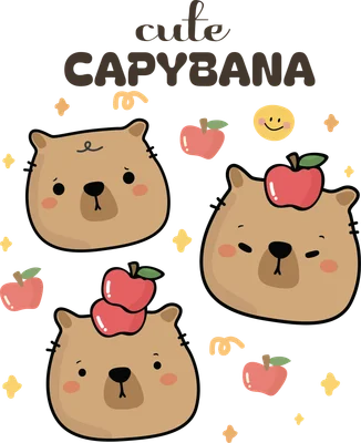 Ba chú capybara hoạt hình dễ thương với táo đỏ trên đầu, biểu cảm ngộ nghĩnh, trên nền xám với các ngôi sao và xoắn ốc.