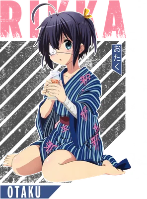 Hình ảnh cô gái anime mắt xanh đeo băng mắt, mặc yukata xanh, cầm chai nước, có chữ Rikka và Otaku.