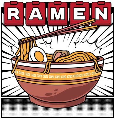 Hình ảnh minh họa tô mì Ramen đầy đặn với đũa gắp mì, trứng lòng đào và thịt, phong cách pop art.