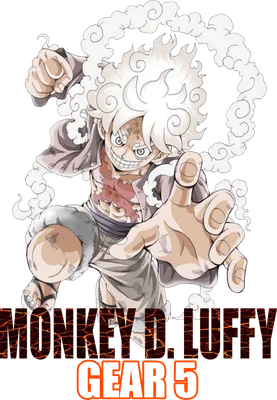 Hình ảnh Monkey D. Luffy Gear 5 với mái tóc trắng bồng bềnh và biểu cảm mạnh mẽ, bao quanh bởi khói trắng.