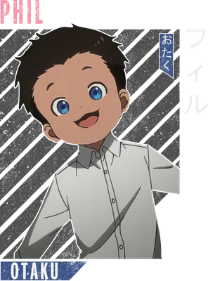 Hình vẽ chibi cậu bé Phil trong anime The Promised Neverland, mặc áo sơ mi trắng, mắt xanh to tròn, biểu cảm vui vẻ.