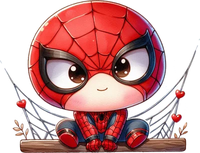 Hình ảnh Người Nhện Chibi đáng yêu trong trang phục đỏ xanh, mắt to tròn, đang ngồi trên xích đu gỗ với mạng nhện và trái tim.