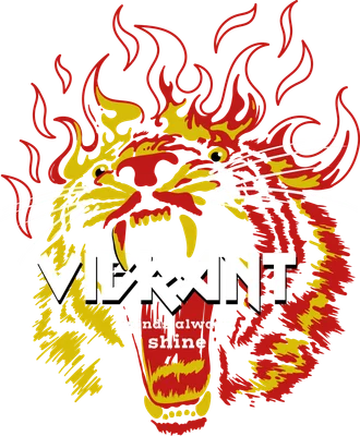 Hình minh họa đầu hổ gầm gừ với lửa đỏ vàng, râu trắng và chữ 'VIBRANT minds always shine' trên nền xám.