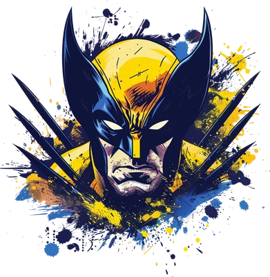 Hình ảnh Wolverine, nhân vật Marvel, với mặt nạ vàng xanh và móng vuốt, hiệu ứng bắn màu nghệ thuật.