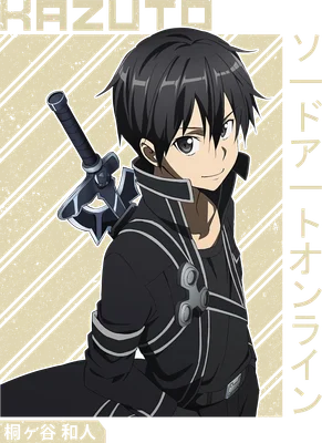 Nhân vật Kirito trong Sword Art Online, mặc trang phục đen, đeo kiếm sau lưng, phong cách anime.