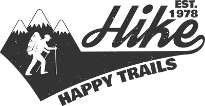 Hình ảnh người leo núi với ba đỉnh núi tuyết phía sau, cùng dòng chữ 'Hike Est. 1978' và 'Happy Trails'.