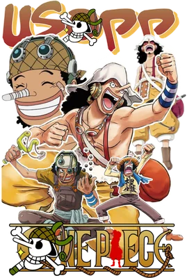 Tổng hợp hình ảnh Usopp từ One Piece với nhiều biểu cảm, trang phục khác nhau, cùng logo One Piece.