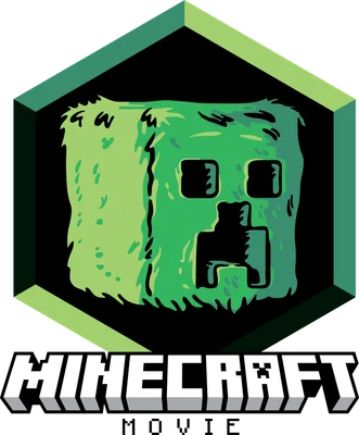 Hình ảnh Creeper Minecraft Movie với khung lục giác xanh lá cây và chữ Minecraft Movie bên dưới.