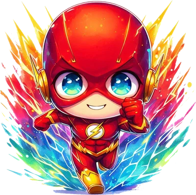 Hình ảnh chibi Flash siêu anh hùng màu đỏ vàng đang chạy, mắt to tròn đáng yêu, xung quanh là hiệu ứng tốc độ nhiều màu sắc.