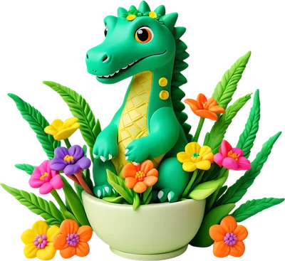 Hình ảnh rồng xanh hoạt hình 3D dễ thương ngồi trong chậu cây với nhiều bông hoa màu sắc rực rỡ và lá xanh tươi trên nền xám.