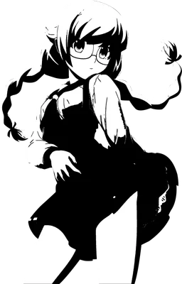 Hình ảnh cô gái anime đeo kính, tóc tết hai bím, mặc váy đen, phong cách hoạt hình.