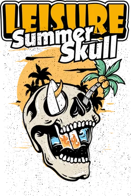 Hình ảnh đầu lâu đội mũ, có cây dừa, ván lướt sóng, và dòng chữ 'Leisure Summer Skull'