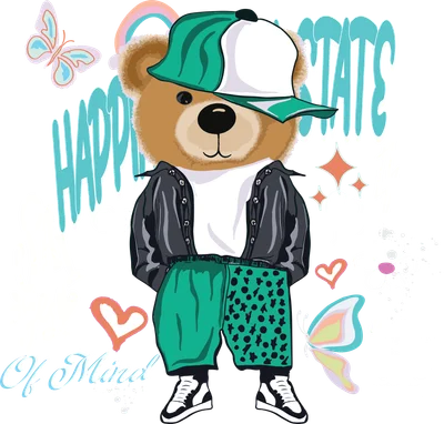 Hình vẽ gấu teddy đội mũ lưỡi trai, mặc áo khoác da, quần thụng, phong cách hip hop, với các họa tiết bướm, cầu vồng, trái tim và chữ viết trên nền xám.