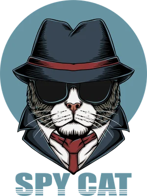 Hình ảnh minh họa mèo đội mũ fedora, đeo kính râm, mặc vest và đeo cà vạt, với dòng chữ 'SPY CAT' bên dưới.